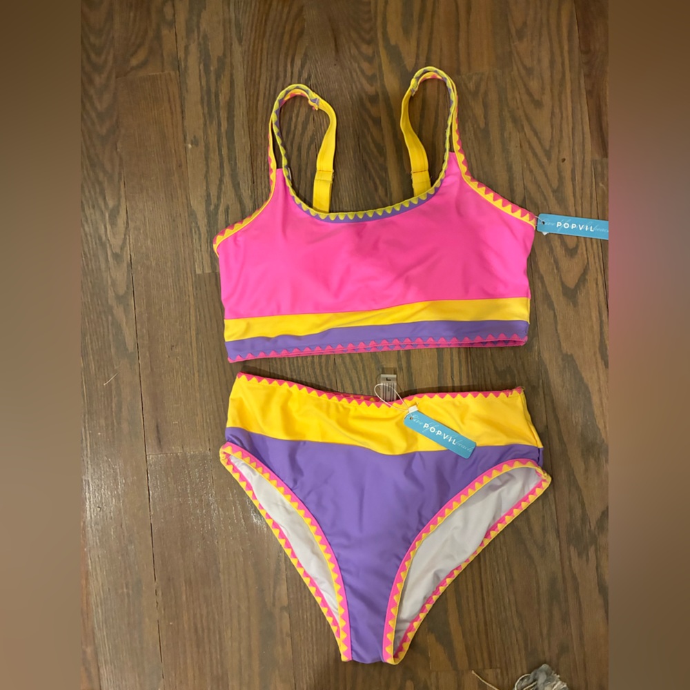 Bondi Born Colorblock High-Waist Bikini Set in Pink, Yellow & Purple